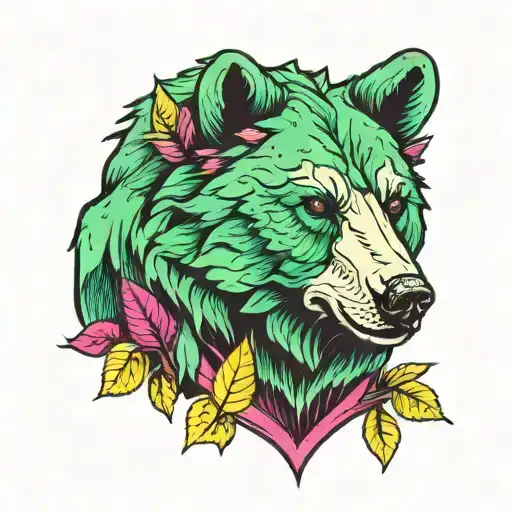 Forest and bear head green magenta yellow read tattoo design idea