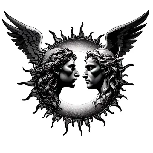 Sun outline with an angel and demon side profiles looking at eachother inside of the sun  tattoo design idea