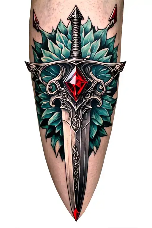 Gothic theme dagger tattoo, vertical orientation for outer calf. red ruby arrow head. tattoo design idea