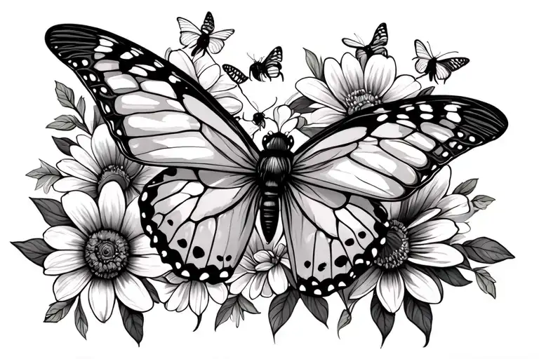 butterflies and bees and flowers intertwined tattoo design idea