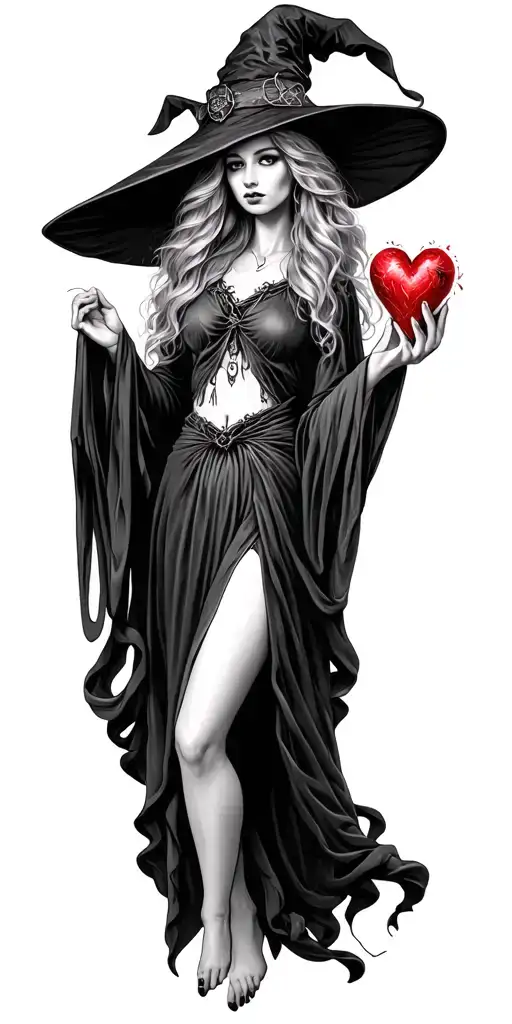Witch holding a heart tattoo design idea