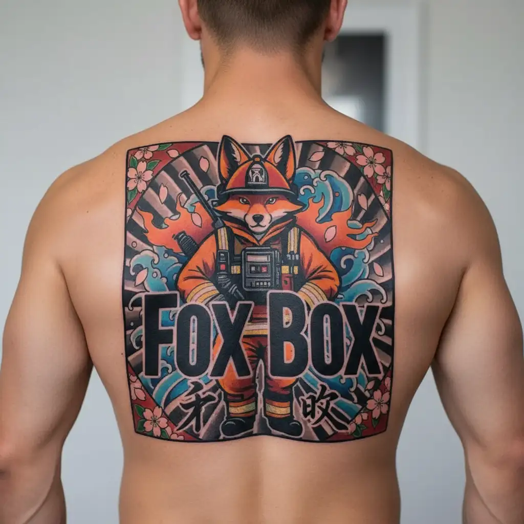 "Fox Box" "Fox Box" tough looking fireman fox wearing firefighting gear with radio equipment tattoo design idea