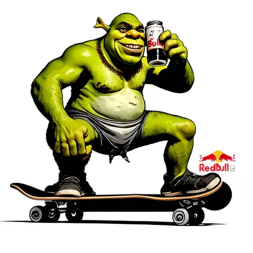 shrek on a skate board drinking redbull tattoo design idea