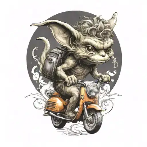 gremlin riding a scooter curly hair tattoo design idea