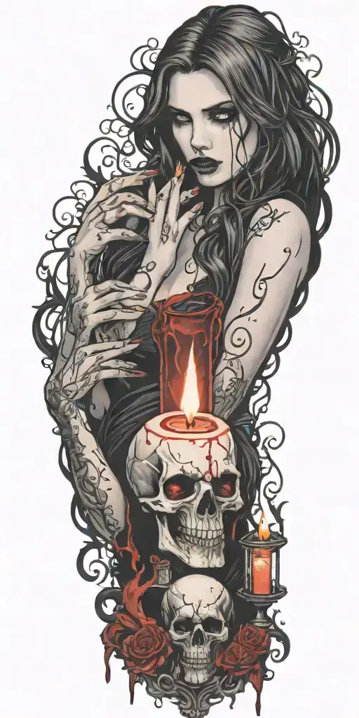 multiple vampire blood women candle burning cemetary background tattoo design idea