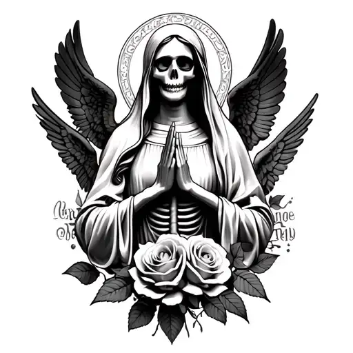 Virgin Mary with skeleton face and skeleton pray hands full body with dead roses and skeleton angels  tattoo design idea