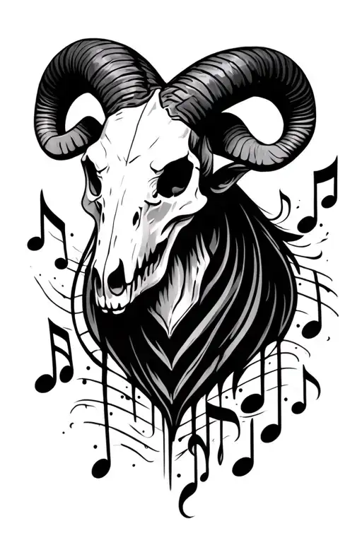 Aries Ram skull and Music staff behind  tattoo design idea