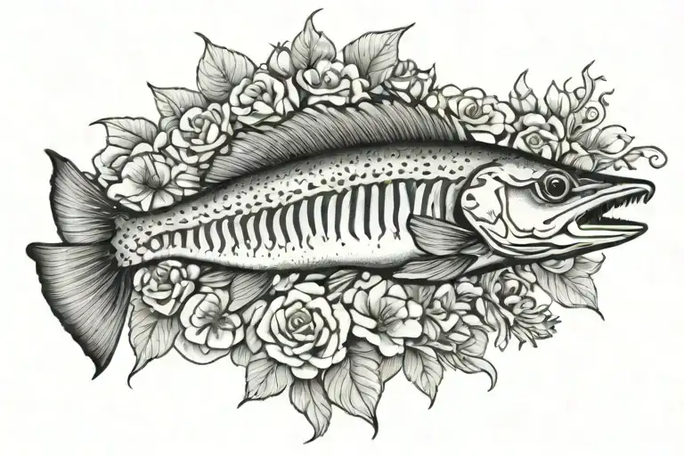 skeleton walleye fish with flowers tattoo design idea