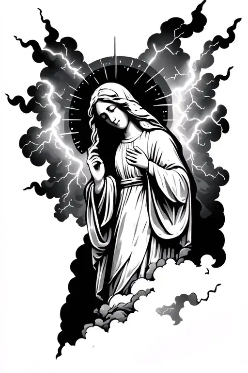 Virgin Mary shooting lighting storm clouds tattoo design idea