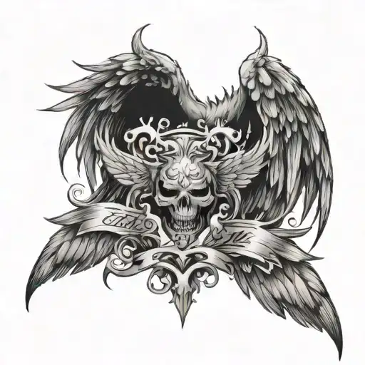 half angel wings and half demon wing with demonic sign in middle tattoo design idea