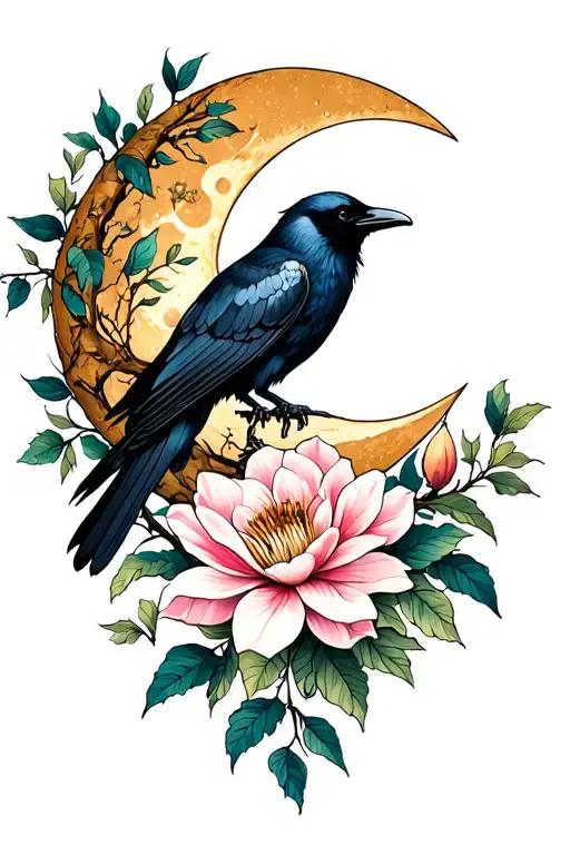crescent moon, Dalia, magnolia, tree, vines, raven, Scorpio constellation tattoo design idea