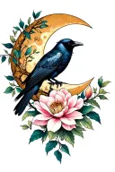 crescent moon, Dalia, magnolia, tree, vines, raven, Scorpio constellation tattoo design idea