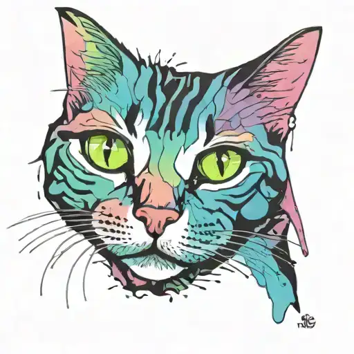 Skinny female tabby cat portrait, blue black green purple pink white, spot on face, tattoo design idea