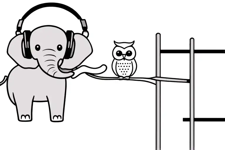 elephant and owl at playground both with headphones  tattoo design idea