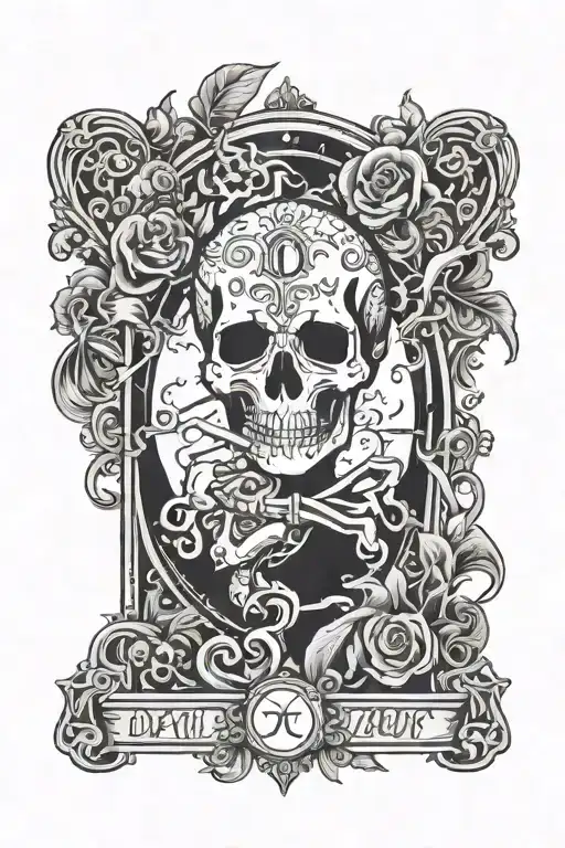 Death tarot card smoking cigarette dark lettering with surrounding ornamental design tattoo design idea