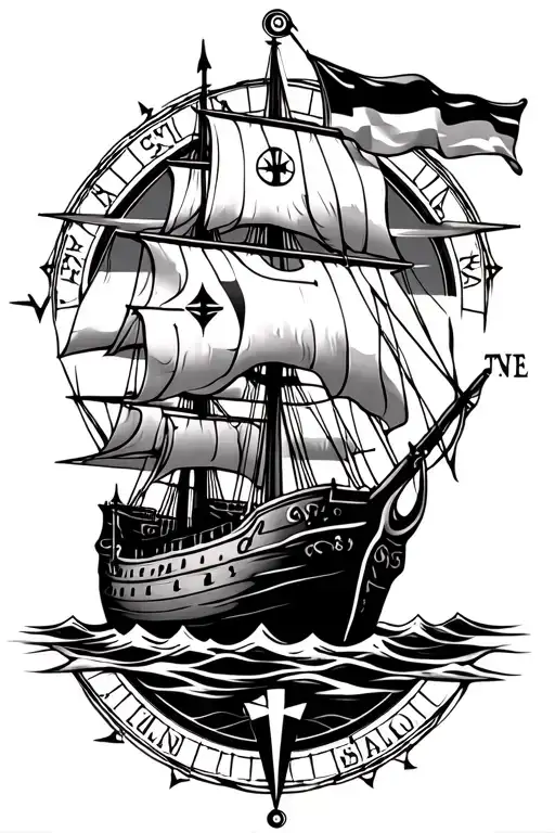 nordic compass backround with a viking ship with the Island flag sailing towards  tattoo design idea