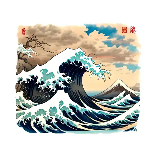 kanagawa wave mount fuji background tattoo design idea