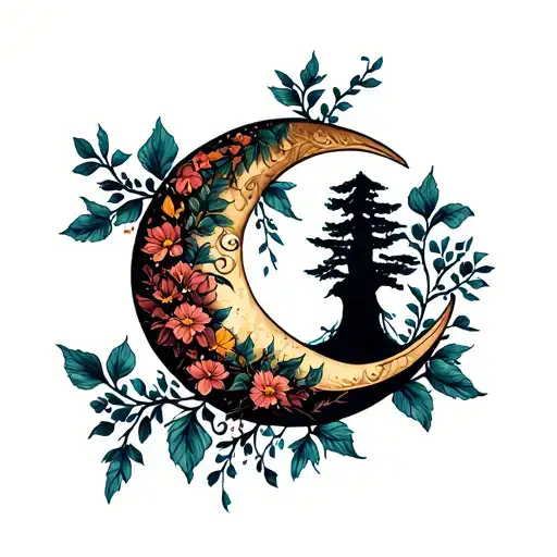 crescent moon with trees and flowers intertwined tattoo design idea