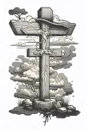 wooden cross tomb in the ground with a cowboy hat on it with clouds in the background  tattoo design idea