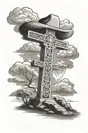 wooden cross tomb in the ground with a cowboy hat on it with clouds in the background  tattoo design idea
