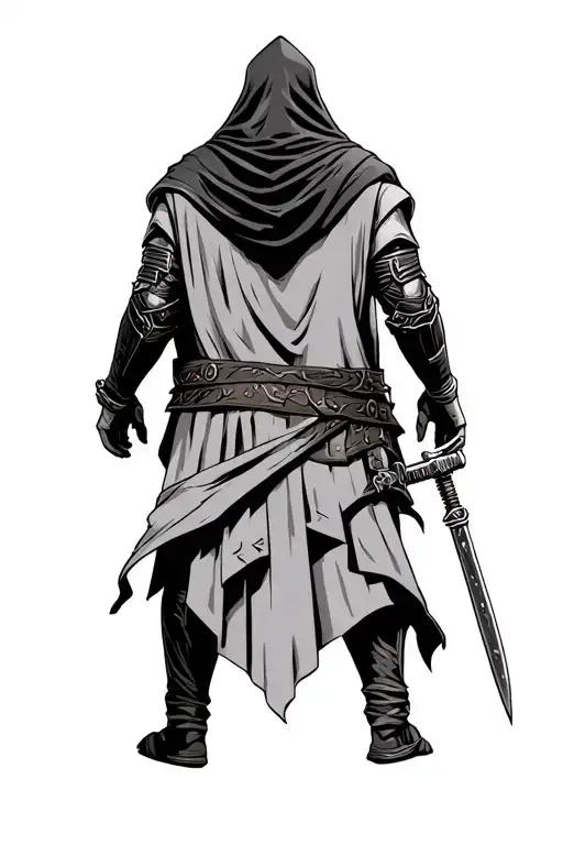 hooded assassin warrior standing back view tattoo design idea
