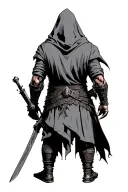 hooded assassin warrior standing back view tattoo design idea