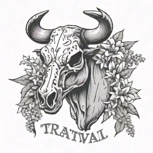 cow skull with a price tag with the words treaty oak revival inside the price tag with western flowers in the background tattoo design idea
