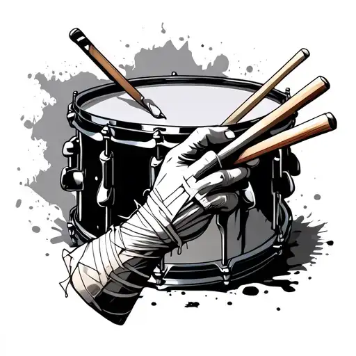 torn bandaged hand holding drumsticks hitting a snare drum tattoo design idea