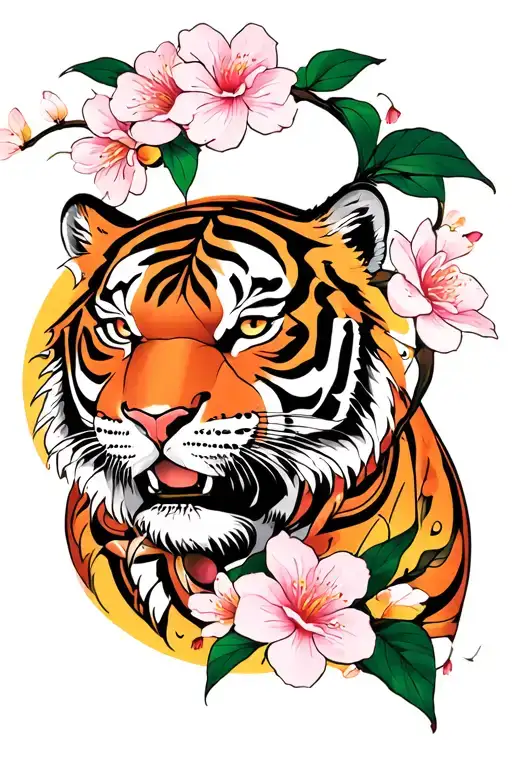 Sun And Moon cherry blossom tiger tribal tattoo design idea