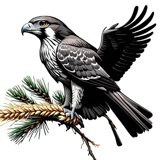 simple falcon with wheat in its mouth on a pine tree  tattoo design idea