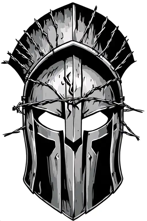 scarred spartan helmet with barbed wire tattoo design idea