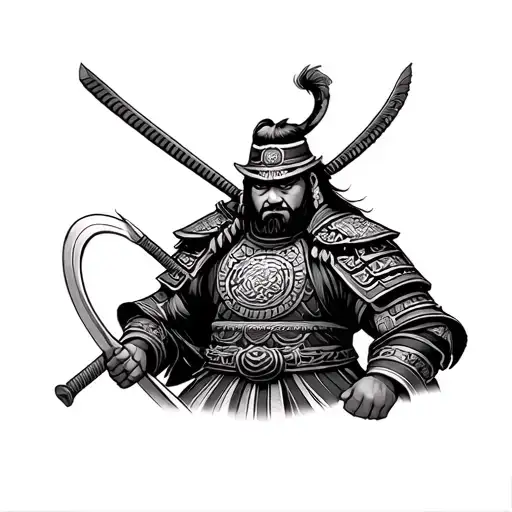 Tattoo flash sheet featuring Bhutanese and Japanese fusion designs:1) A fierce Japanese samurai in traditional armor fa tattoo design idea