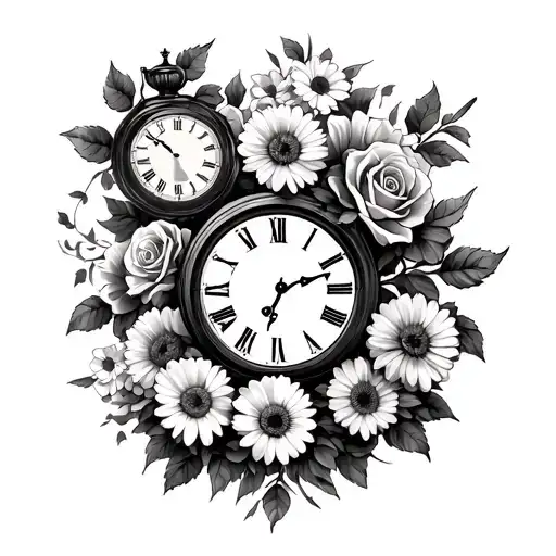 three different clock faces with scrolls with a boarder of roses, daisy's and chrysanthemums  tattoo design idea