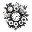 three different clock faces with scrolls with a boarder of roses, daisy's and chrysanthemums  tattoo design idea