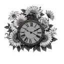 three different clock faces with scrolls with a boarder of roses, daisy's and chrysanthemums  tattoo design idea