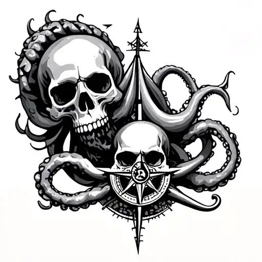 skull, kraken, ship, compass surrounded tattoo design idea