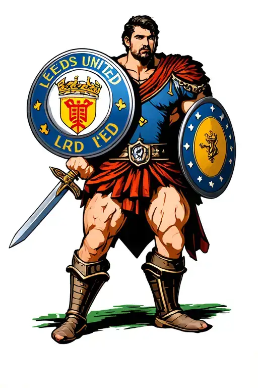 A muscular warrior and holding a shield with the shield being a leeds united emblem in full colour. A sword ready to att tattoo design idea