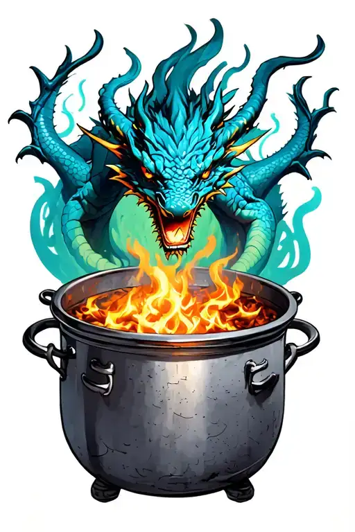 Cooking pot with a dragon emerging from steam tattoo design idea