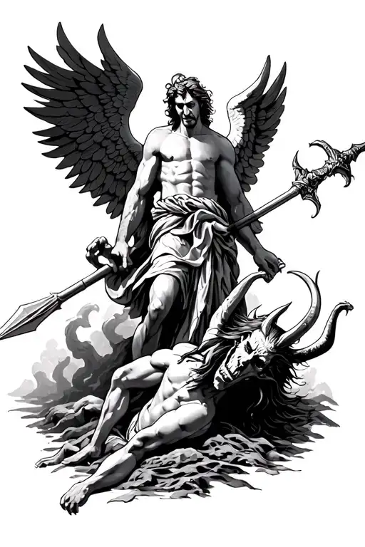 Archangel Michael kills Satan with a spear, where the archangel has his wings spread, and the devil is crushed from below by a spear, on the chest tattoo design idea