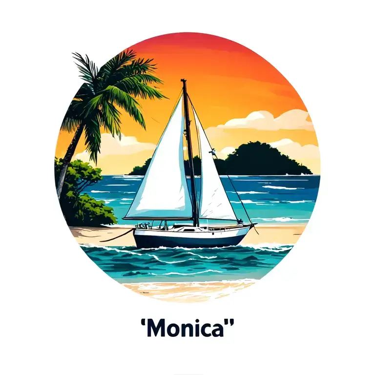 "Monica" "Monica" white sailboat foreground, sailing towards sunset, background island palm, ocean, beach tattoo design idea