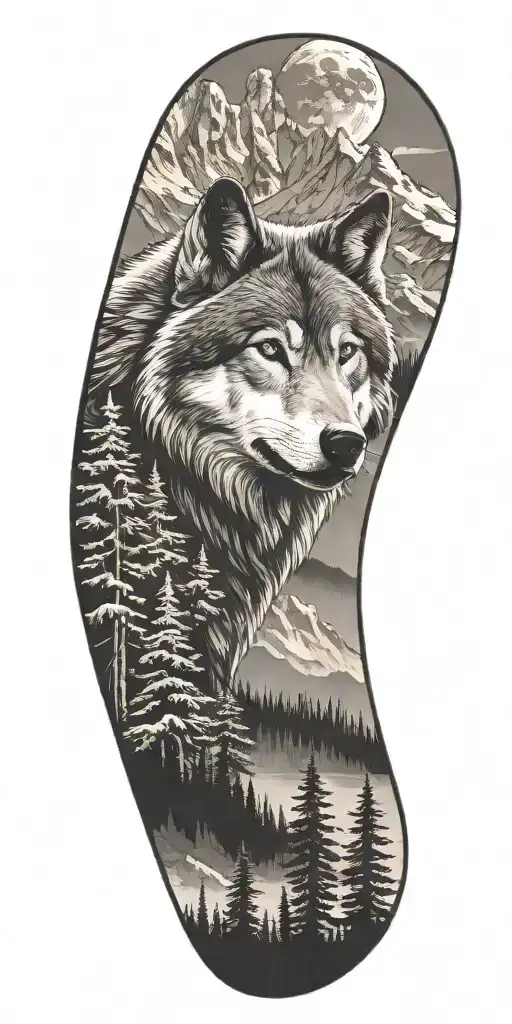 wolf and  mountains and trees tattoo design idea