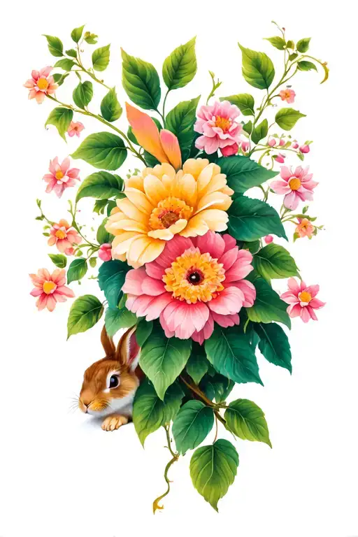 large Vine, flower garden with tiny hidden bunny tattoo design idea