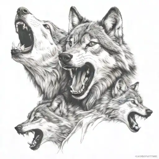 wolf showing some teeth  protectin his two cubs tattoo design idea