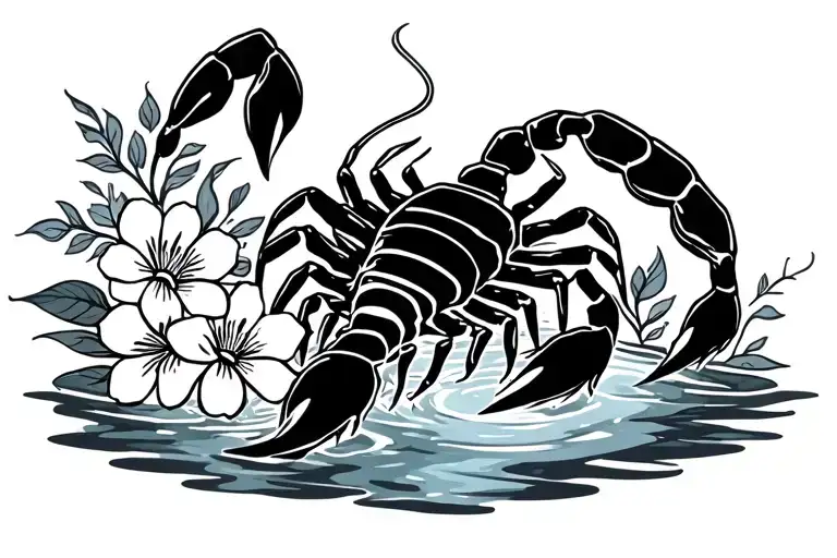 scorpion and water with flowers tattoo design idea