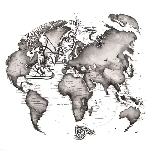 A detailed world map tattoo with a compass rose incorporated, symbolizing your love for travel and geography tattoo design idea