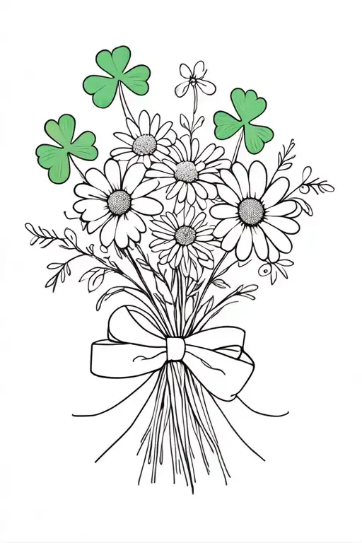 bouquet tied with ribbon with 3 leaf shamrocks, aster, daisy, jonquil  tattoo design idea
