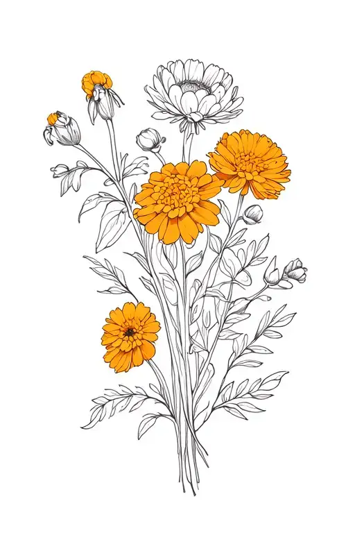 chrysanthem and marigold cosmo bouquet tattoo design idea