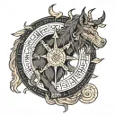 tattoo of a vegvisir viking compass with its runes, with this the wolves hati and skoll who devour the moon and the sun tattoo design idea