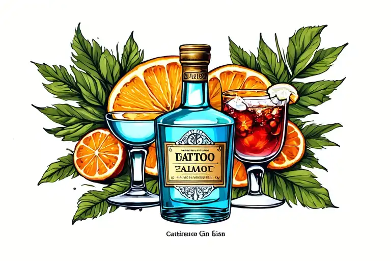 vintage gin bottle and fancy drink glass filled tattoo design idea