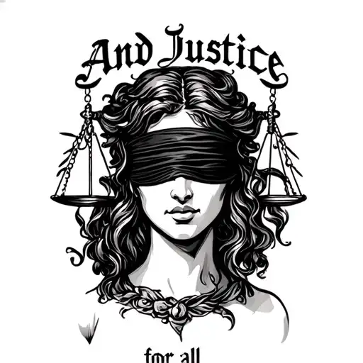 "And justice for all " lady justice with blindfold that says justice  tattoo design idea